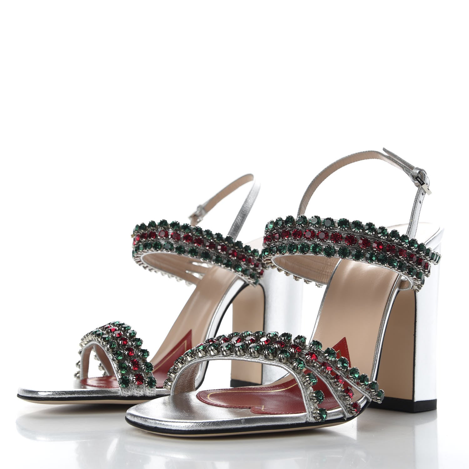 Gucci Nappa Silk Crystal Bertie High Heel Sandals 37.5 Argento 3 of 9