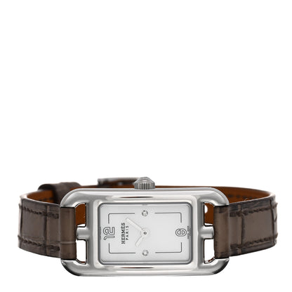Hermes Stainless Steel Alligator Diamond Mother of Pearl 17mm Nantucket Quartz Watch Gris Elephant 2 of 5