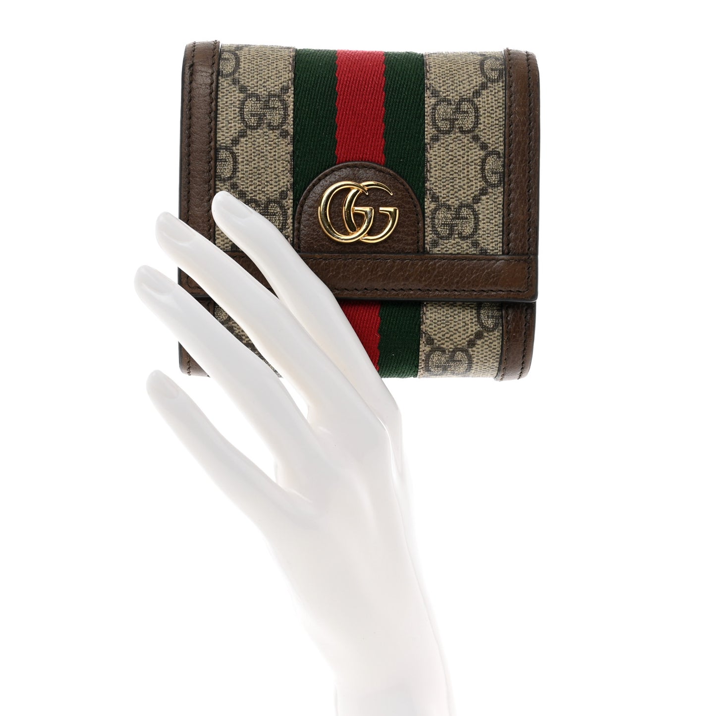 GG Supreme Monogram Textured Calfskin Web Ophidia Card Case Wallet Beige Ebony New Acero