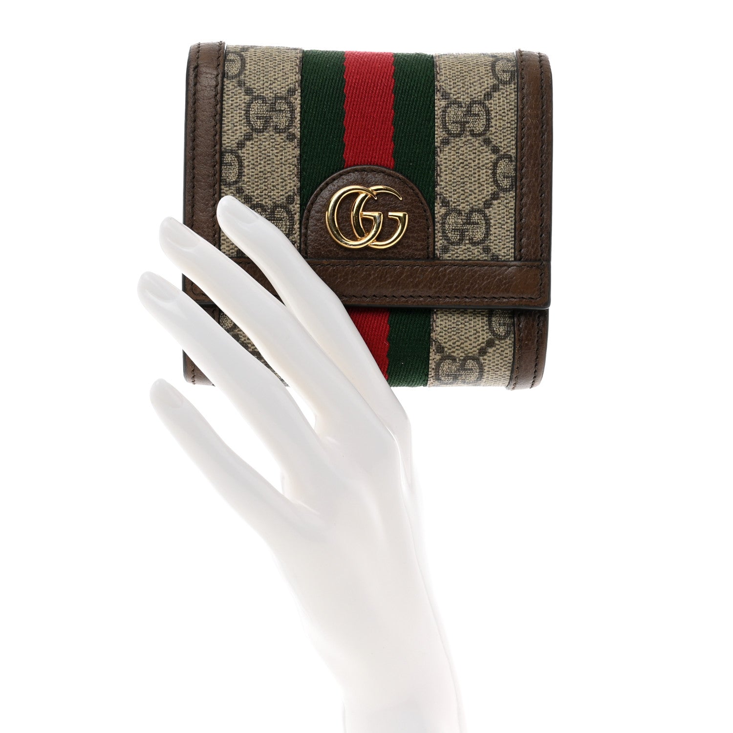 Gucci GG Supreme Monogram Textured Calfskin Web Ophidia Card Case Wallet Beige Ebony New Acero 2 of 7