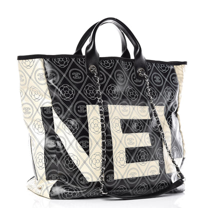 Chanel Coated Canvas Camellia Medium Shopping Tote Black Beige 4 of 10
