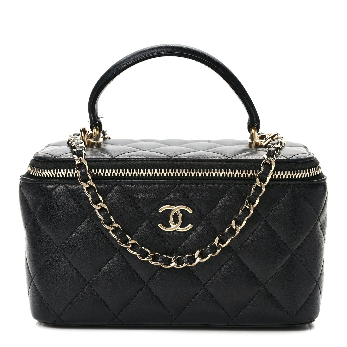Lambskin Quilted Small Top Handle Vanity Case With Chain Black