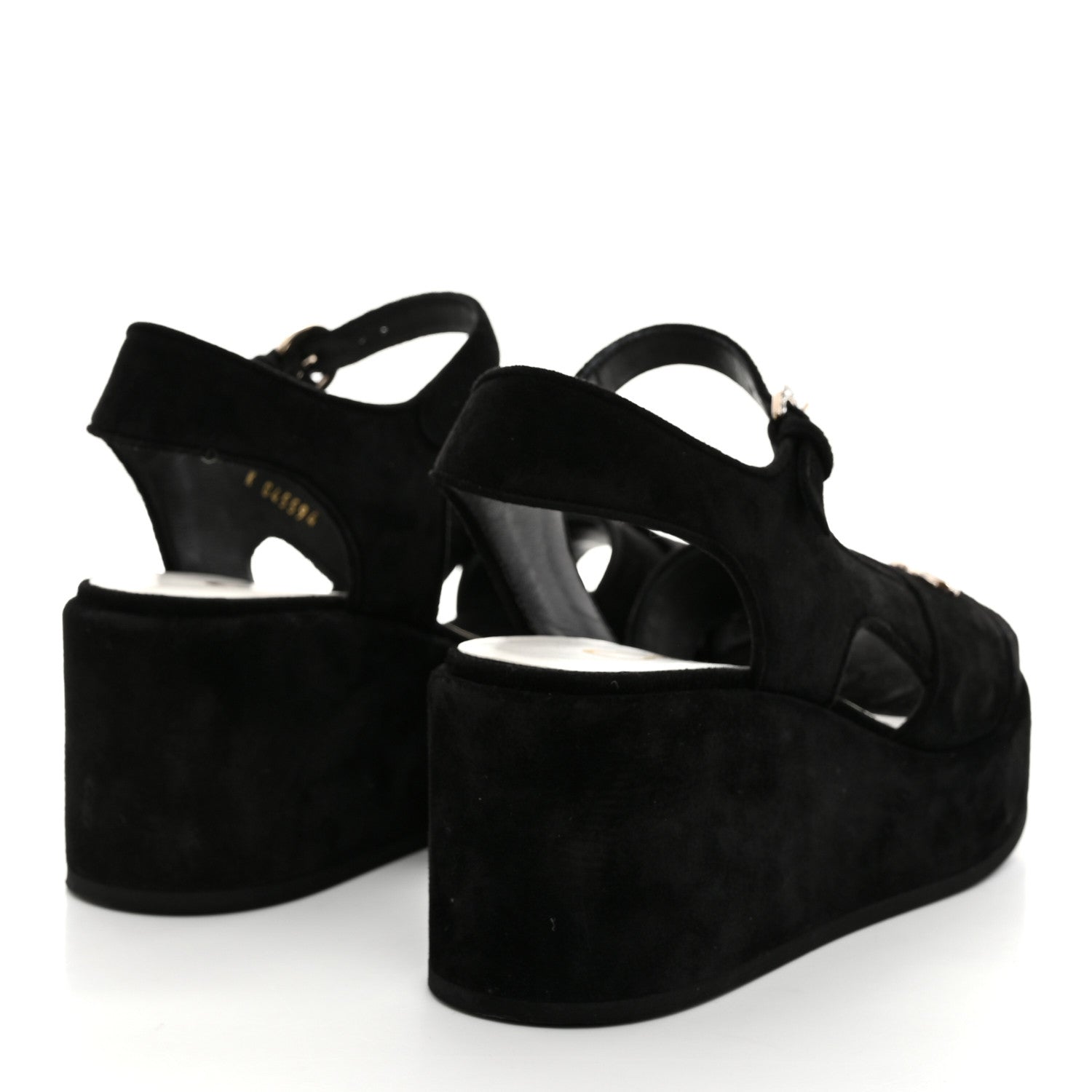 Chanel Suede Calfskin Peep Toe Wedge Sandals 37 Black 4 of 8