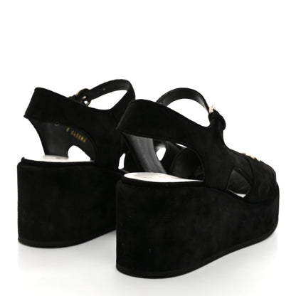 Chanel Suede Calfskin Peep Toe Wedge Sandals 37 Black 4 of 8