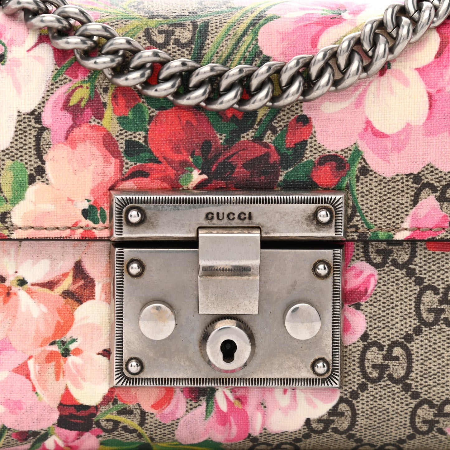 GG Supreme Monogram Blooms Small Padlock Shoulder Bag Beige Multicolor Dry Rose