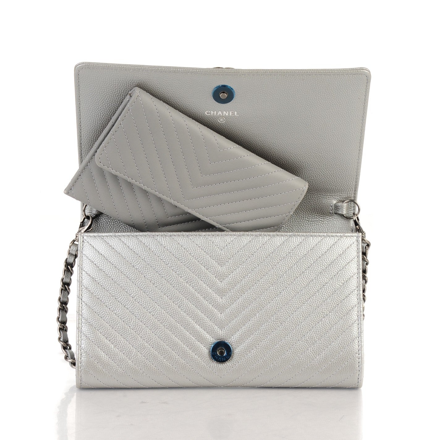 Chanel Caviar Chevron Quilted Boy Wallet on Chain WOC Silver 6 of 9