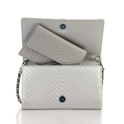 Chanel Caviar Chevron Quilted Boy Wallet on Chain WOC Silver 6 of 9
