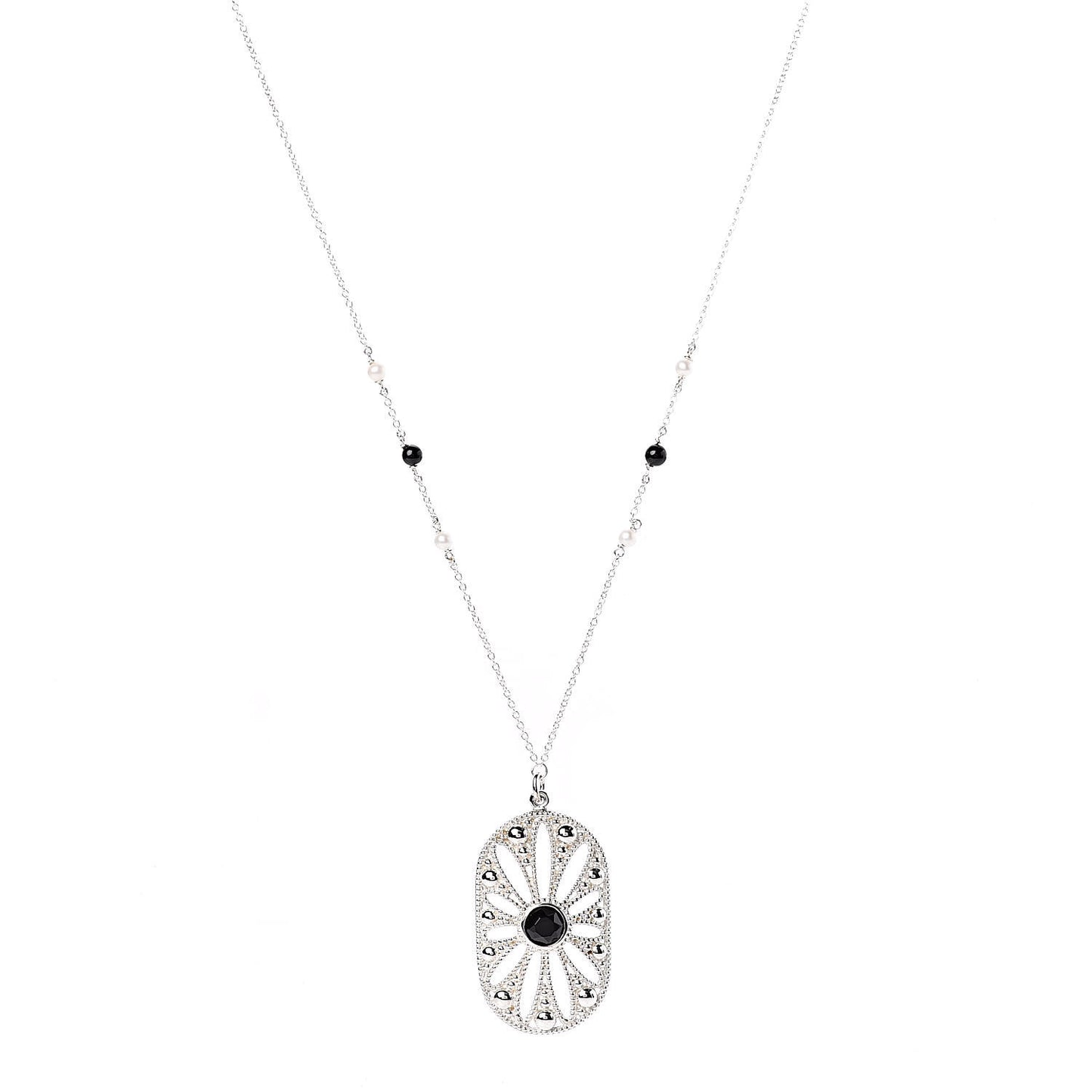 Sterling Silver Black Onyx Pearl Ziegfeld Daisy Pendant Necklace