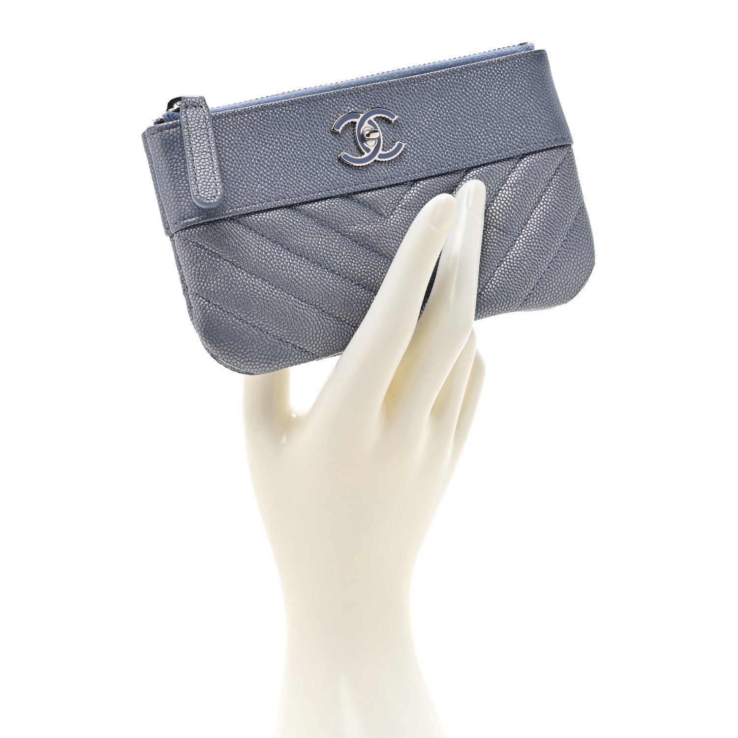 Chanel Metallic Caviar Chevron Quilted Small Vintage Mademoiselle Cosmetic Case Blue 2 of 8