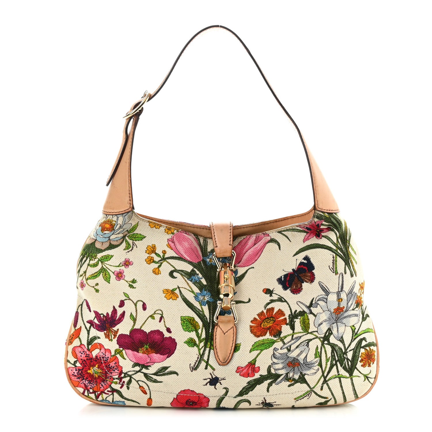 Gucci Canvas Beaded Floral Flora Small Jackie O Hobo White 1 of 17