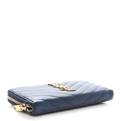 Saint Laurent Grain De Poudre Matelasse Chevron Monogram Zip Around Wallet Deep Marine 4 of 8