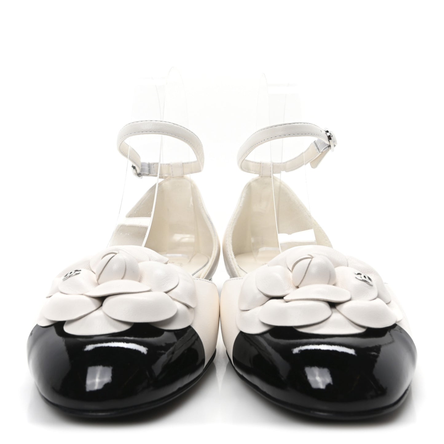 Lambskin Patent Calfskin Cap Toe Camellia Mary Jane Flats 37.5 White Black