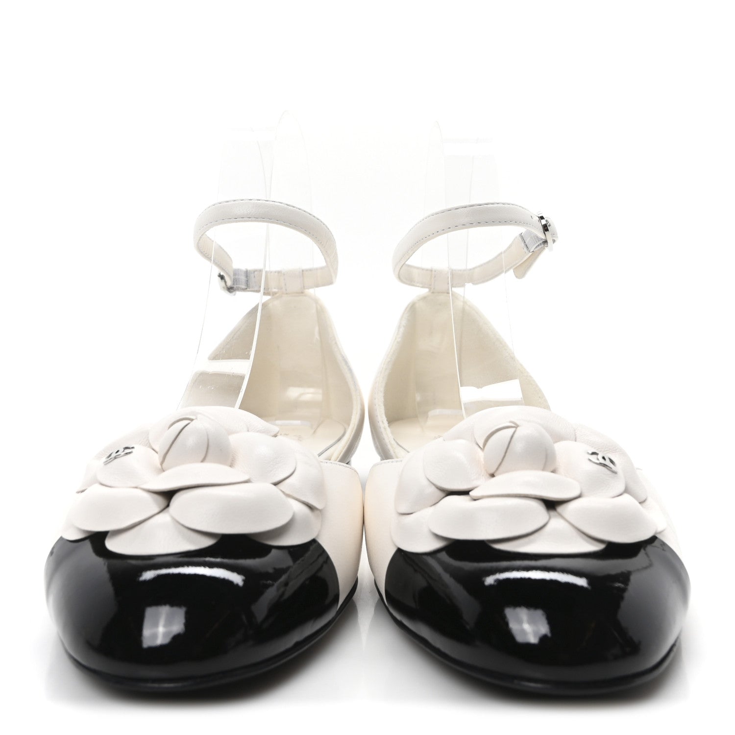 Chanel Lambskin Patent Calfskin Cap Toe Camellia Mary Jane Flats 37.5 White Black 3 of 10
