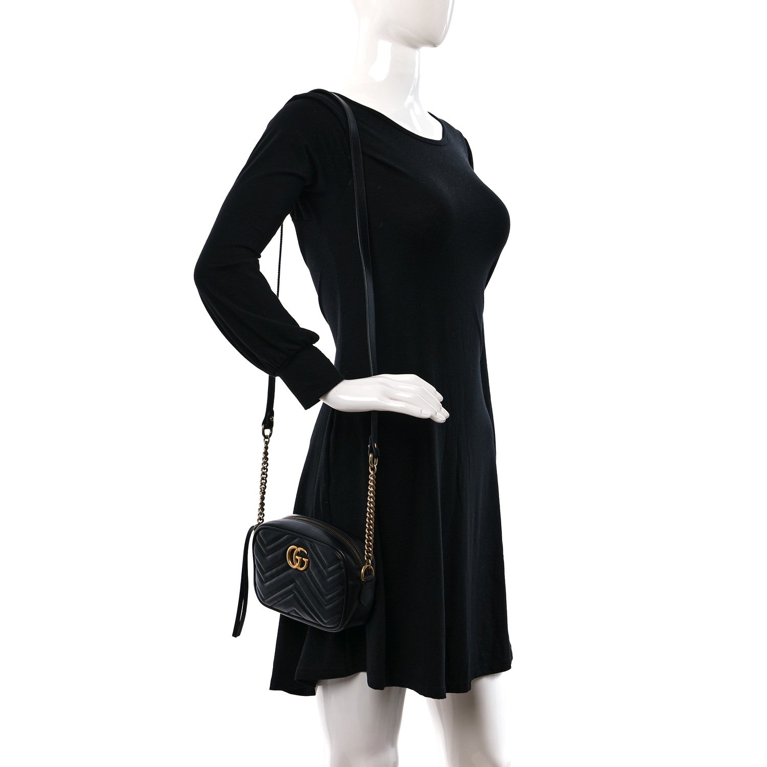 Gucci Calfskin Matelasse Mini GG Marmont Chain Shoulder Bag Black 2 of 11