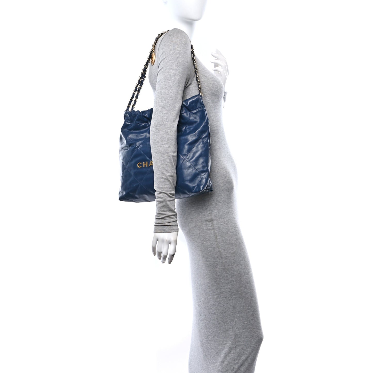 Shiny Calfskin Quilted Small Chanel 22 Navy