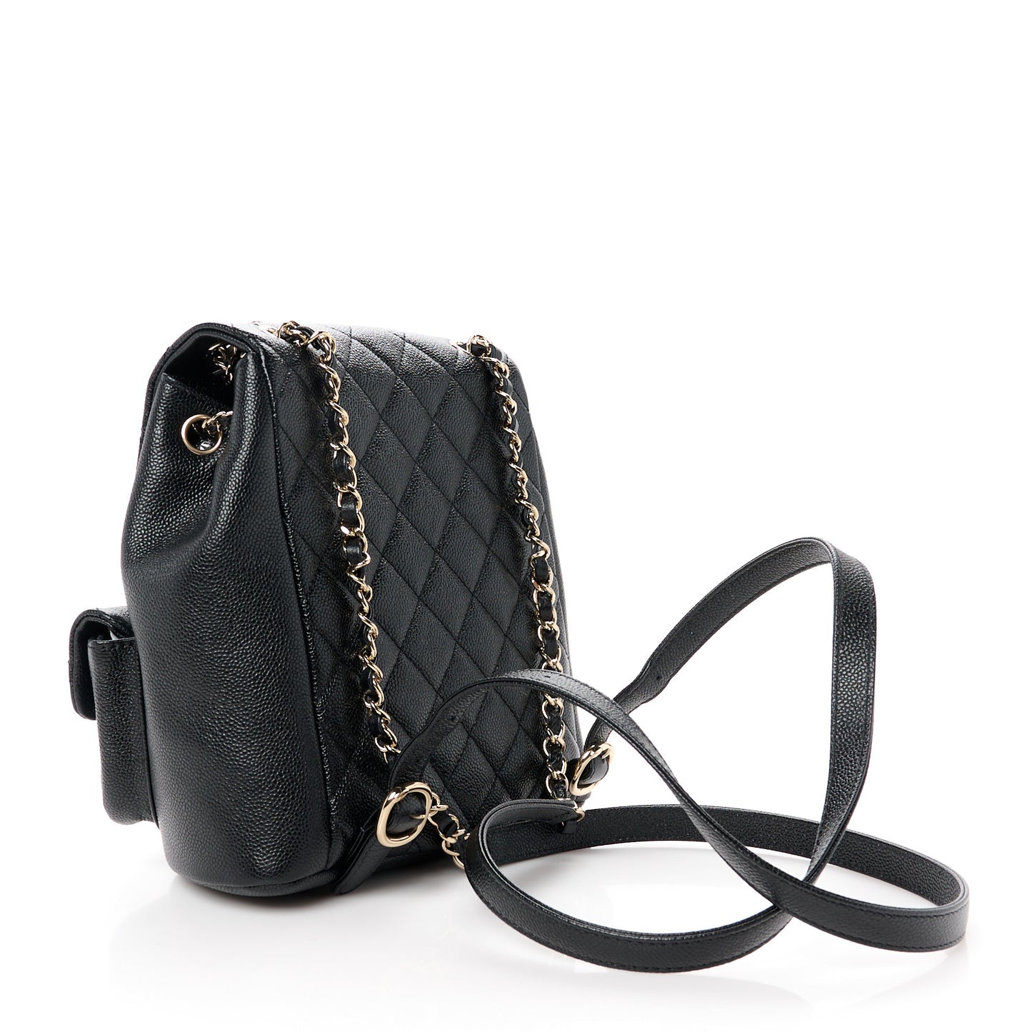 Shiny Caviar Quilted Medium Duma Pockets Drawstring Backpack Black
