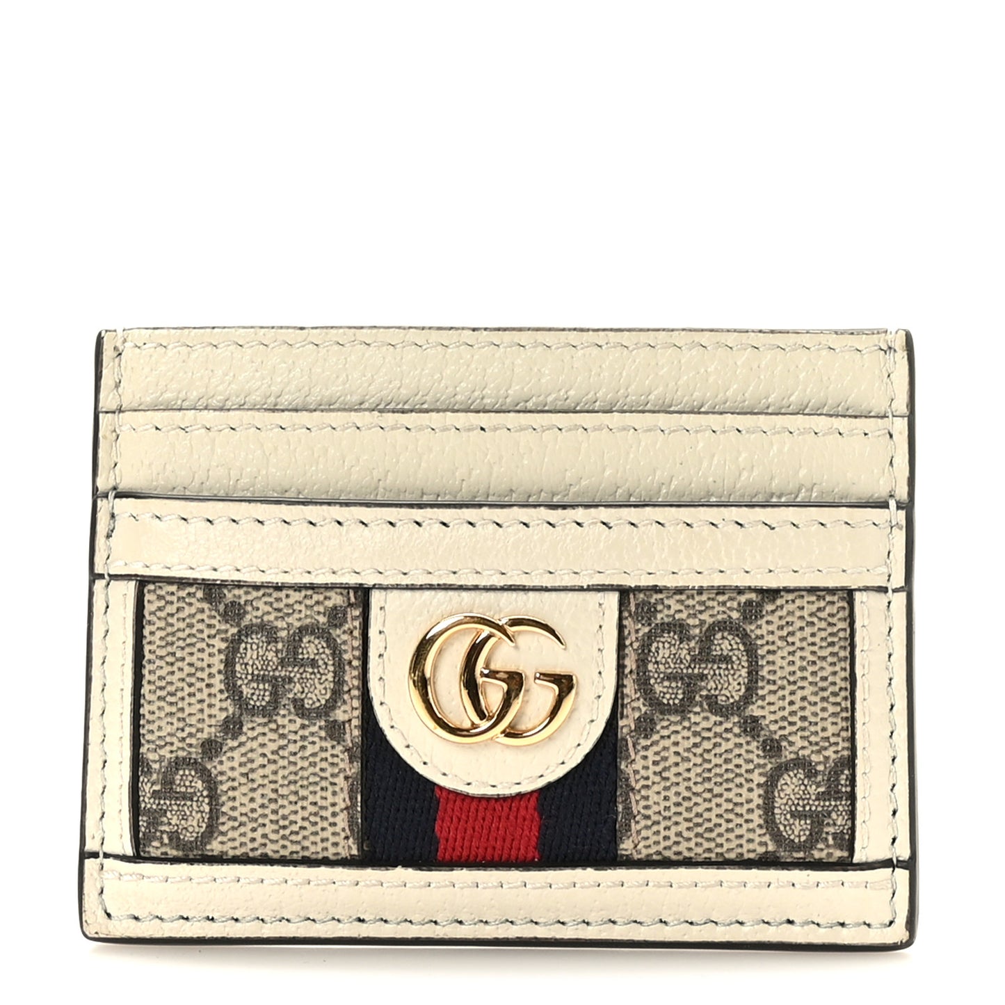 GG Supreme Monogram Textured Calfskin Web Ophidia Card Holder Beige Ebony Mystic White