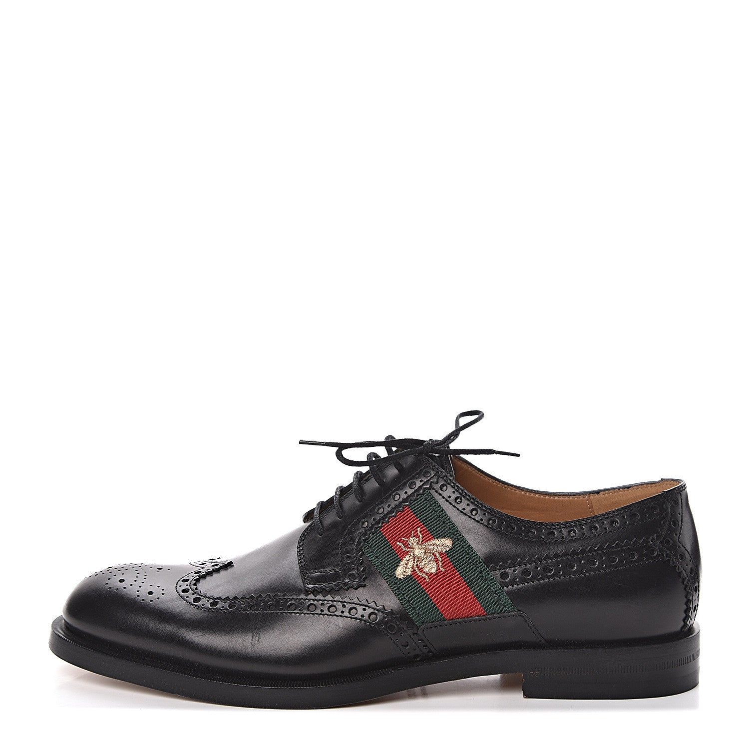 Gucci Calfskin Web Bee Embroidered Mens Wingtip Derby Loafers 8 Black 1 of 13