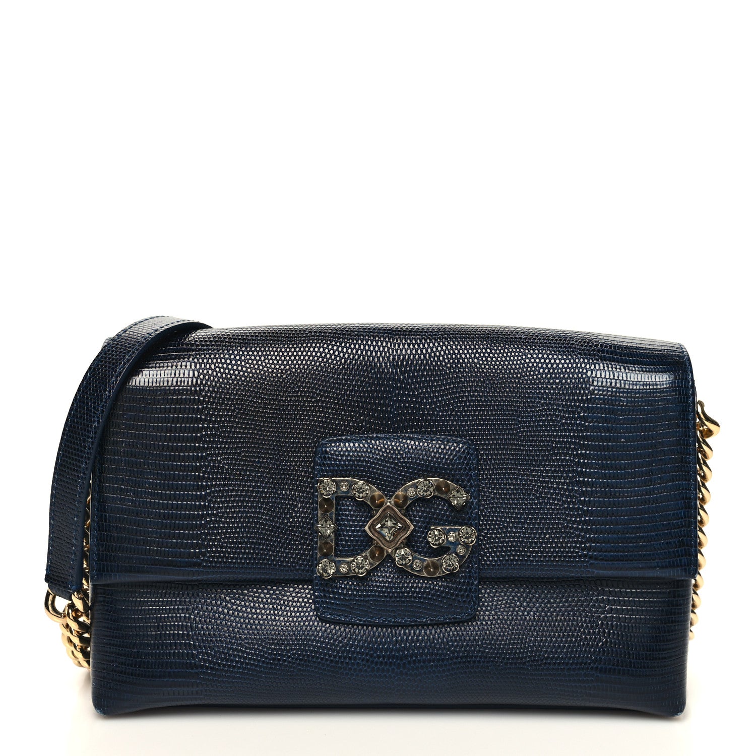 Dolce & Gabbana Stampa Iguana Calfskin Crystal Millennials Chain Shoulder Bag Blue 1 of 11