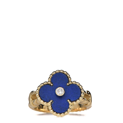 Van Cleef & Arpels 18K Yellow Gold Diamond Lapis Lazuli Vintage Alhambra Ring 52 6 1 of 7