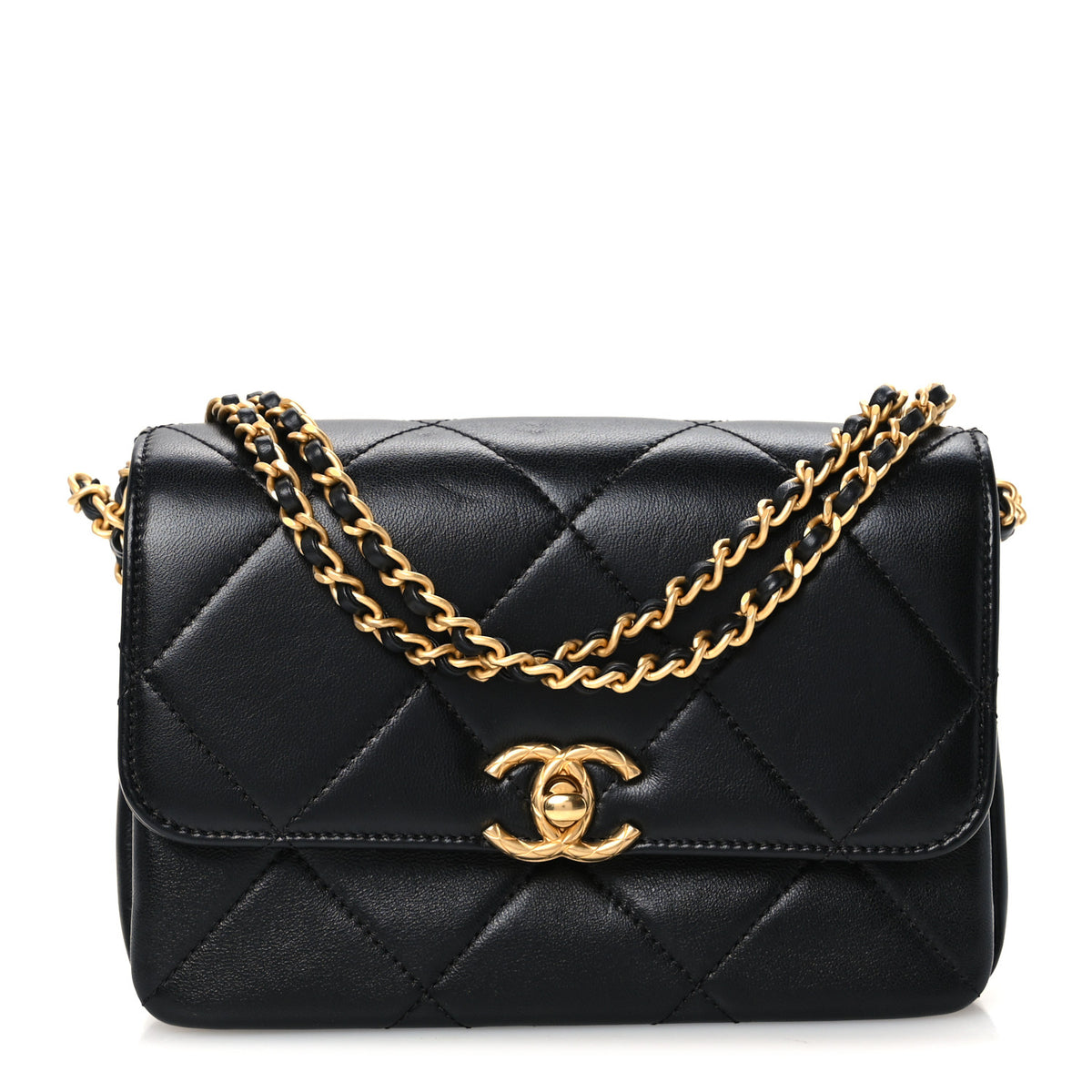 Lambskin Quilted Enamel Chain Logo Mini Flap Black