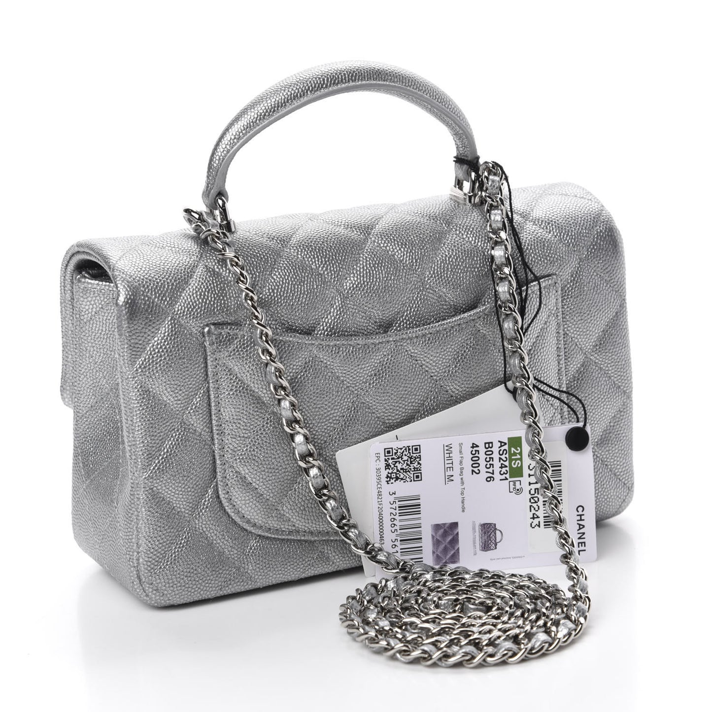 Metallic Caviar Quilted Mini Top Handle Rectangular Flap Silver