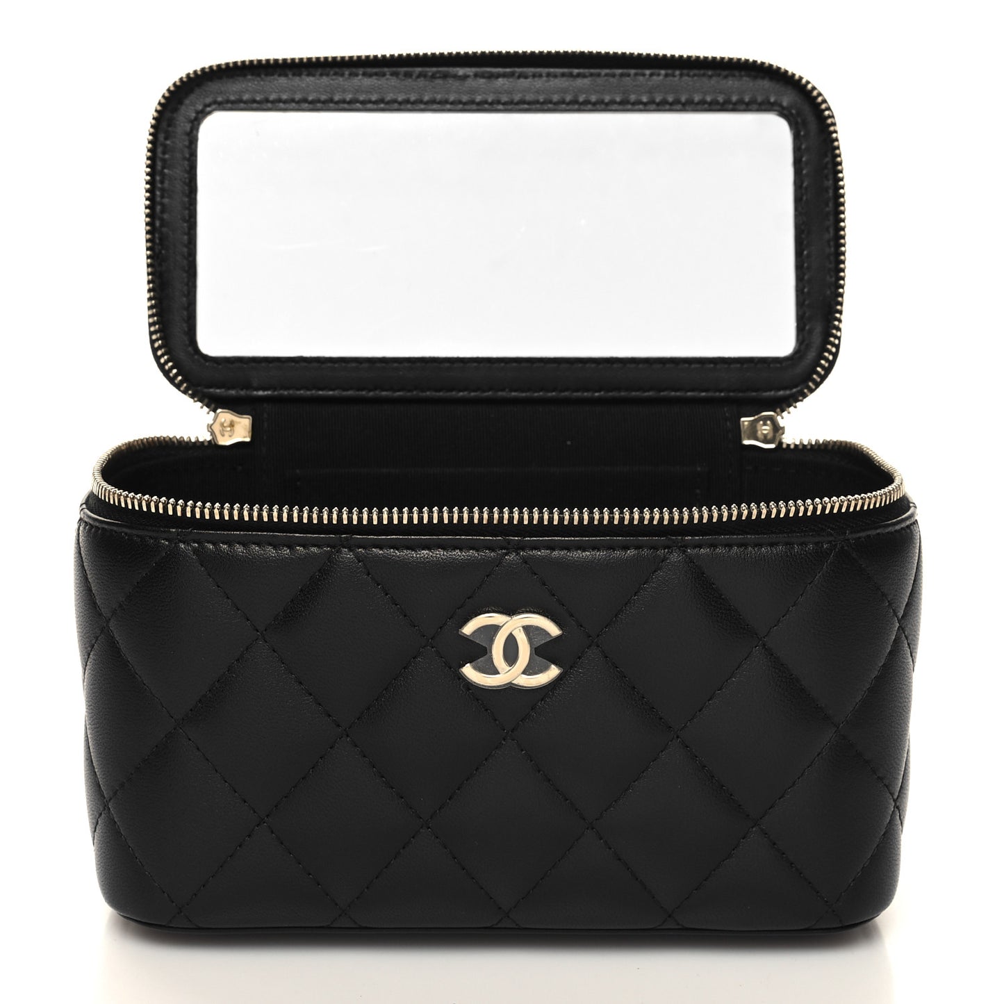 Lambskin Quilted Small Top Handle Vanity Case With Chain Black