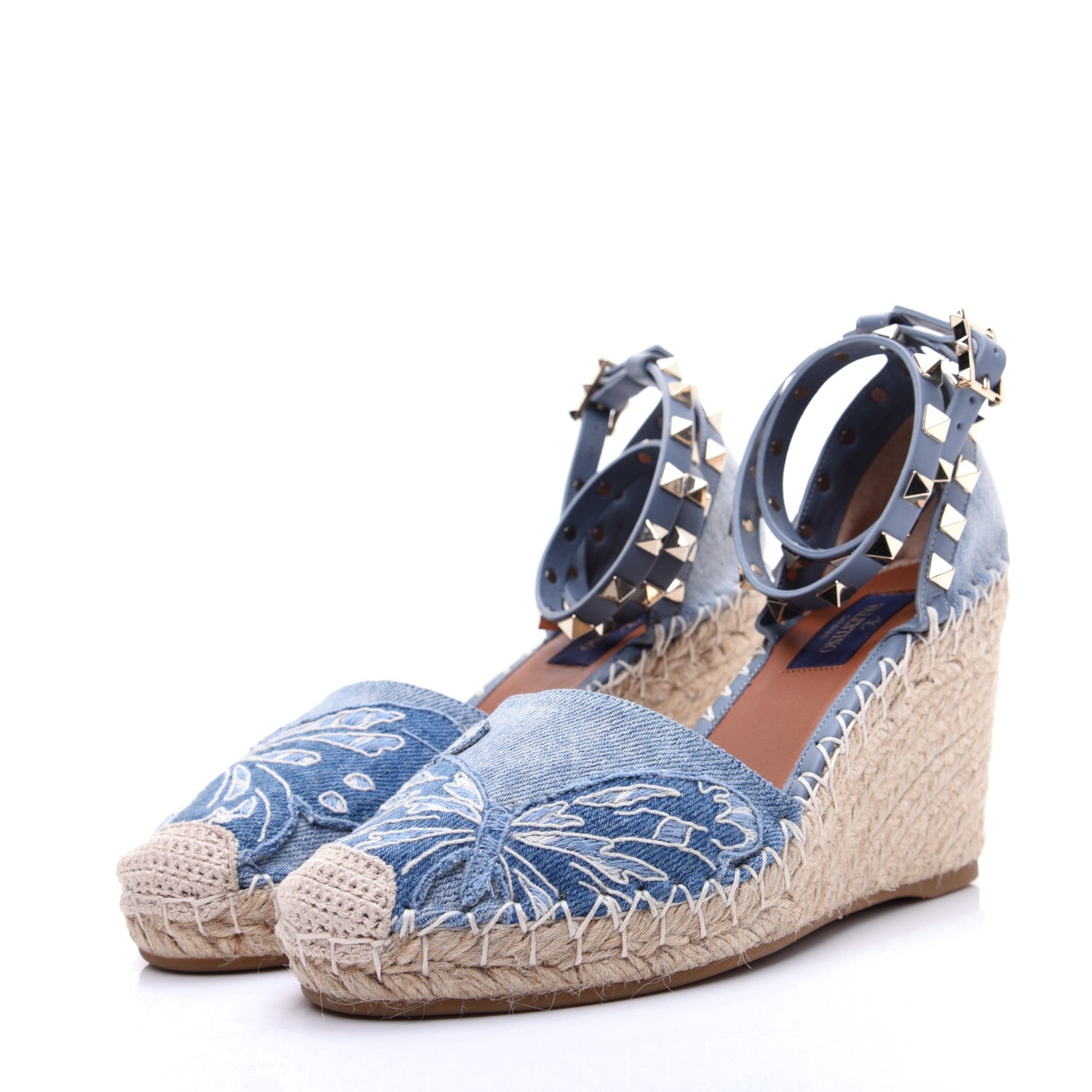Valentino Garavani Denim Butterfly Embroidered Rockstud Ankle Wrap Espadrille 15/85mm Wedges 36 Light Denim 5 of 18