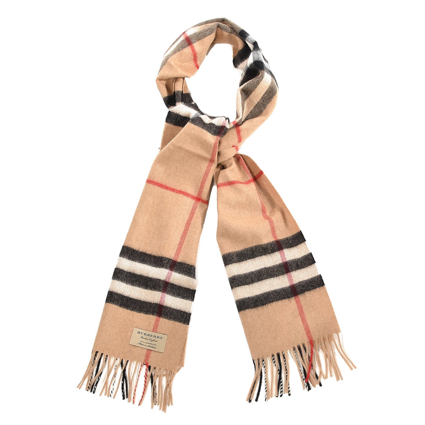 Cashmere Giant Check Fringe Scarf Camel