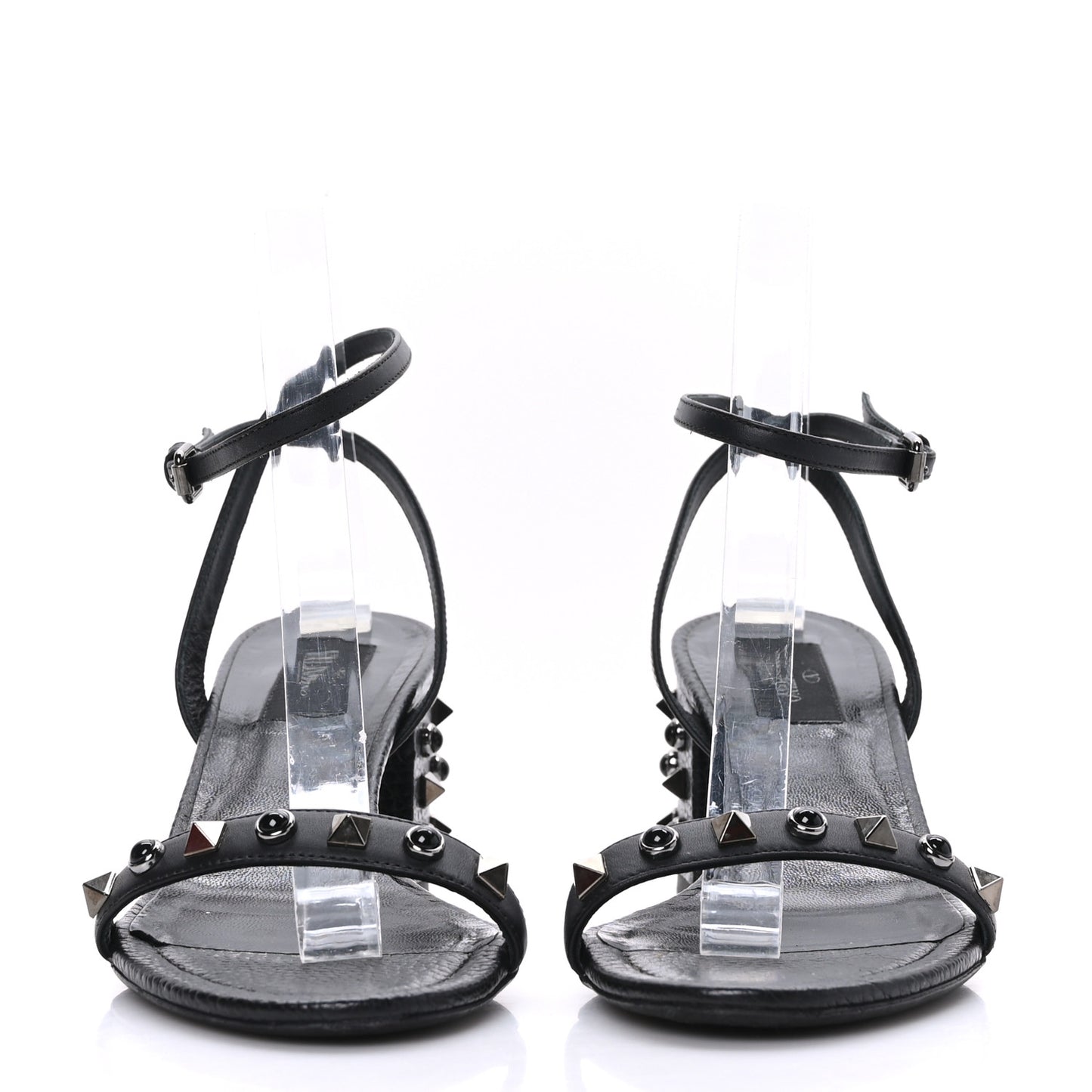 Pebbled Calfskin Onyx Rockstud Rolling 60mm City Sandals 37 Black
