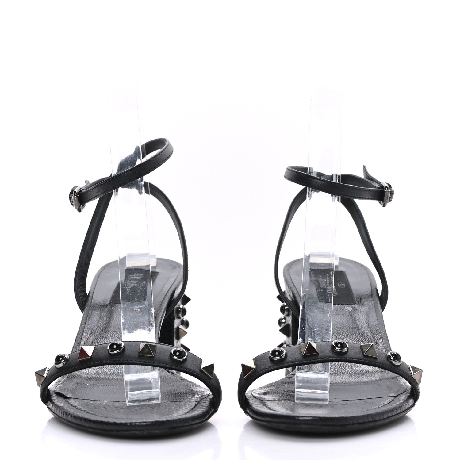 Valentino Garavani Pebbled Calfskin Onyx Rockstud Rolling 60mm City Sandals 37 Black 2 of 7
