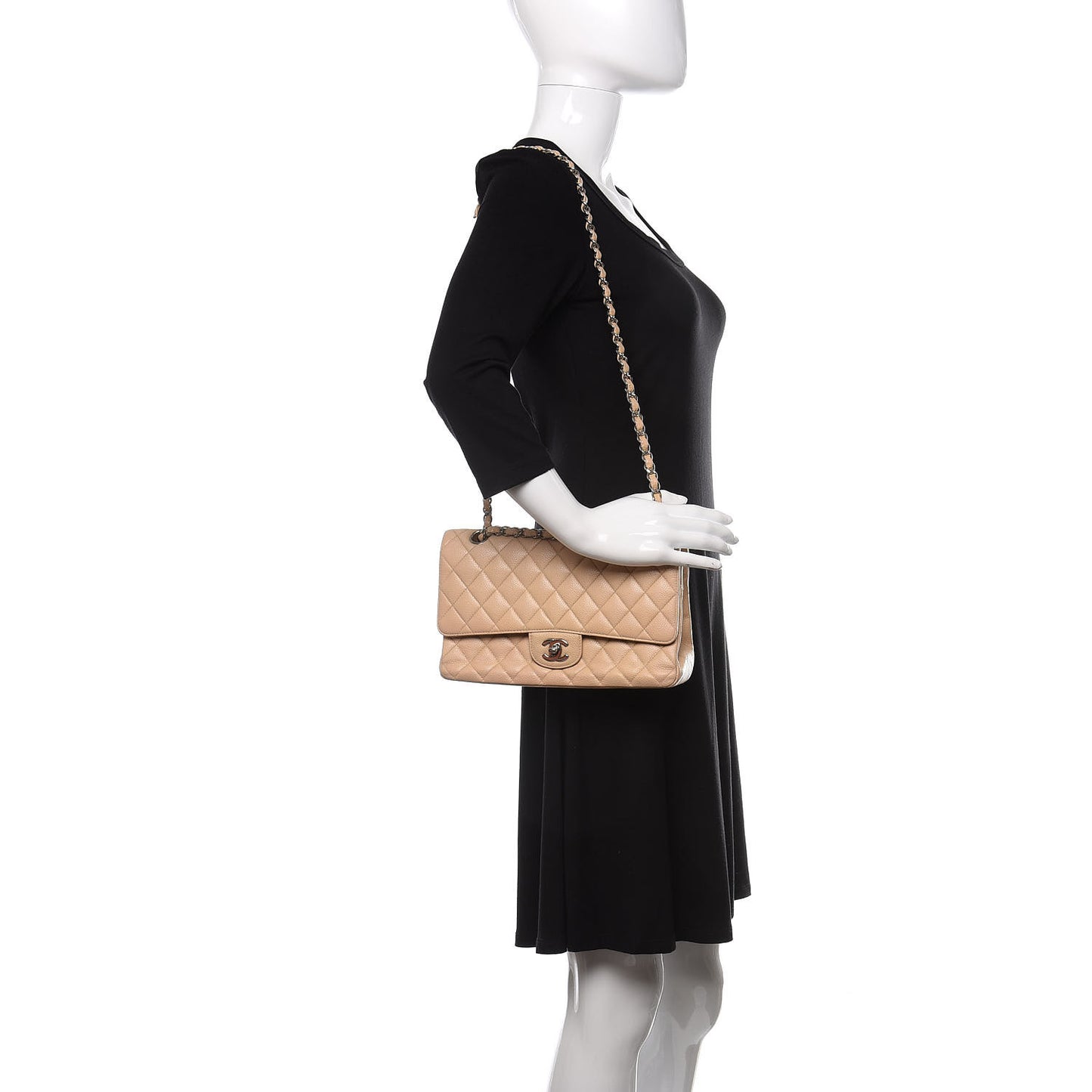 Caviar Quilted Medium Double Flap Beige Clair