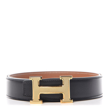 Hermes Box Togo 32mm Guilloche H Belt 85 Black Gold 1 of 6