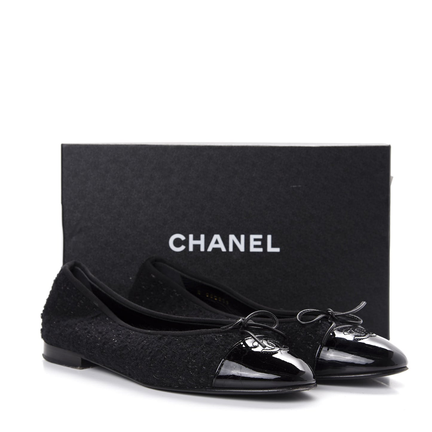 Tweed Patent Calfskin Cap Toe Ballerina Flats 41 Black