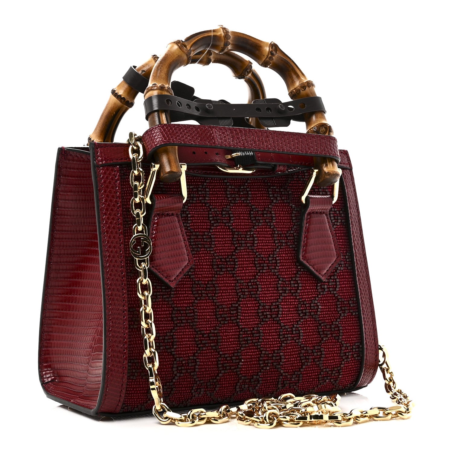 Gucci Moire Fabric Calfskin Rhinestone Monogram Monochrome Lizard Embossed Mini Diana Tote Bag Red 3 of 10