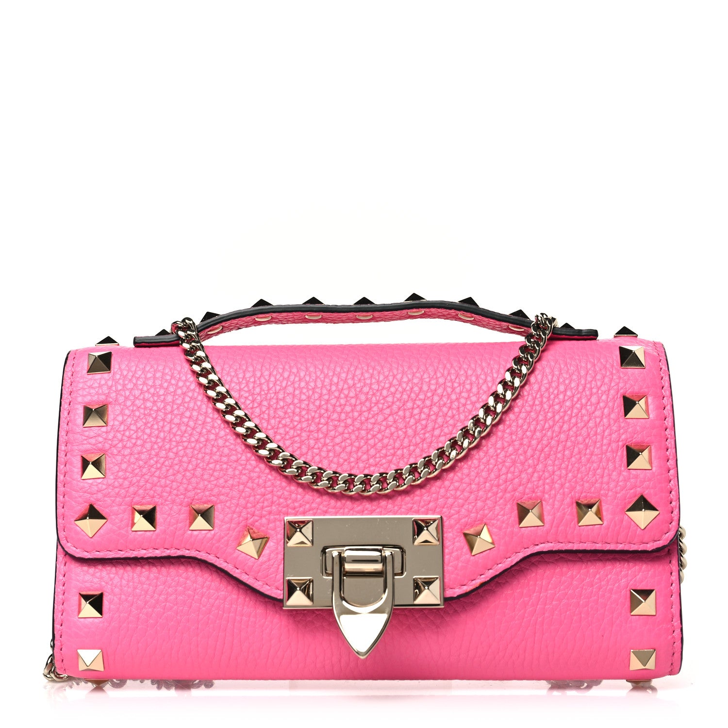 Valentino Garavani Pebbled Calfskin Rockstud Flip Lock Wallet On Chain Feminine Pink 1 of 8