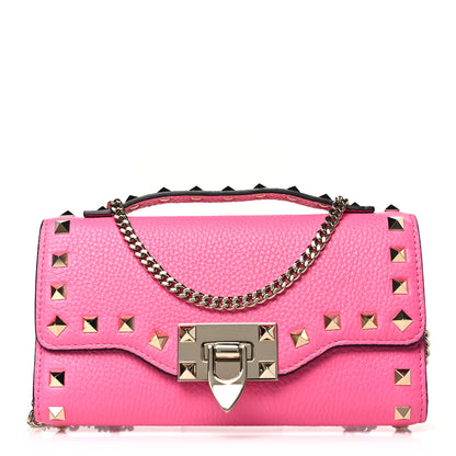 Valentino Garavani Pebbled Calfskin Rockstud Flip Lock Wallet On Chain Feminine Pink 1 of 8
