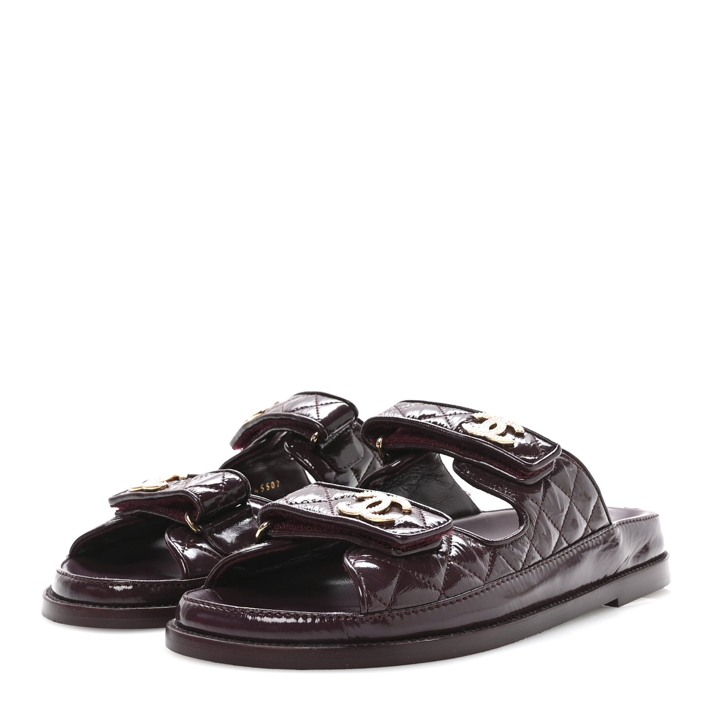 Shiny Calfskin Quilted Velcro Dad Pearl CC Slide Sandals  40 Burgundy