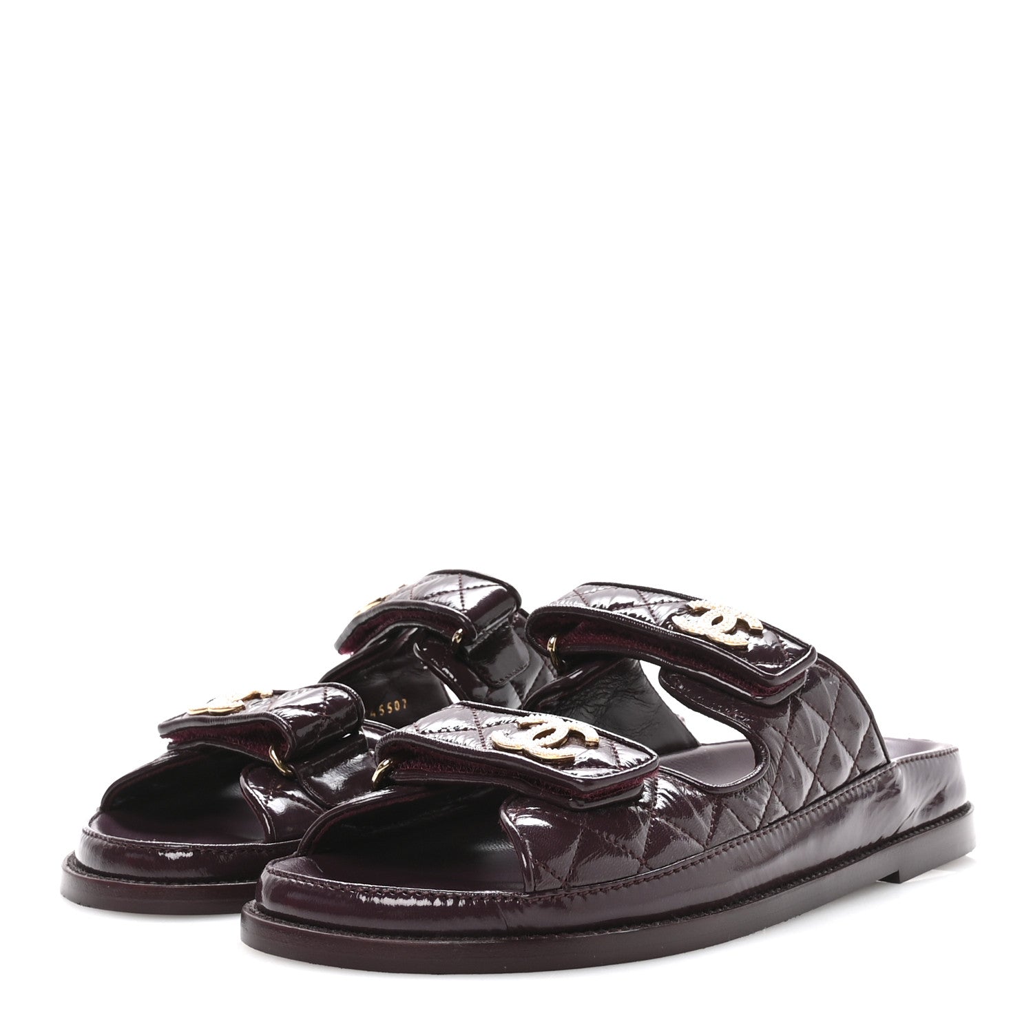 Chanel Shiny Calfskin Quilted Velcro Dad Pearl CC Slide Sandals  40 Burgundy 4 of 9