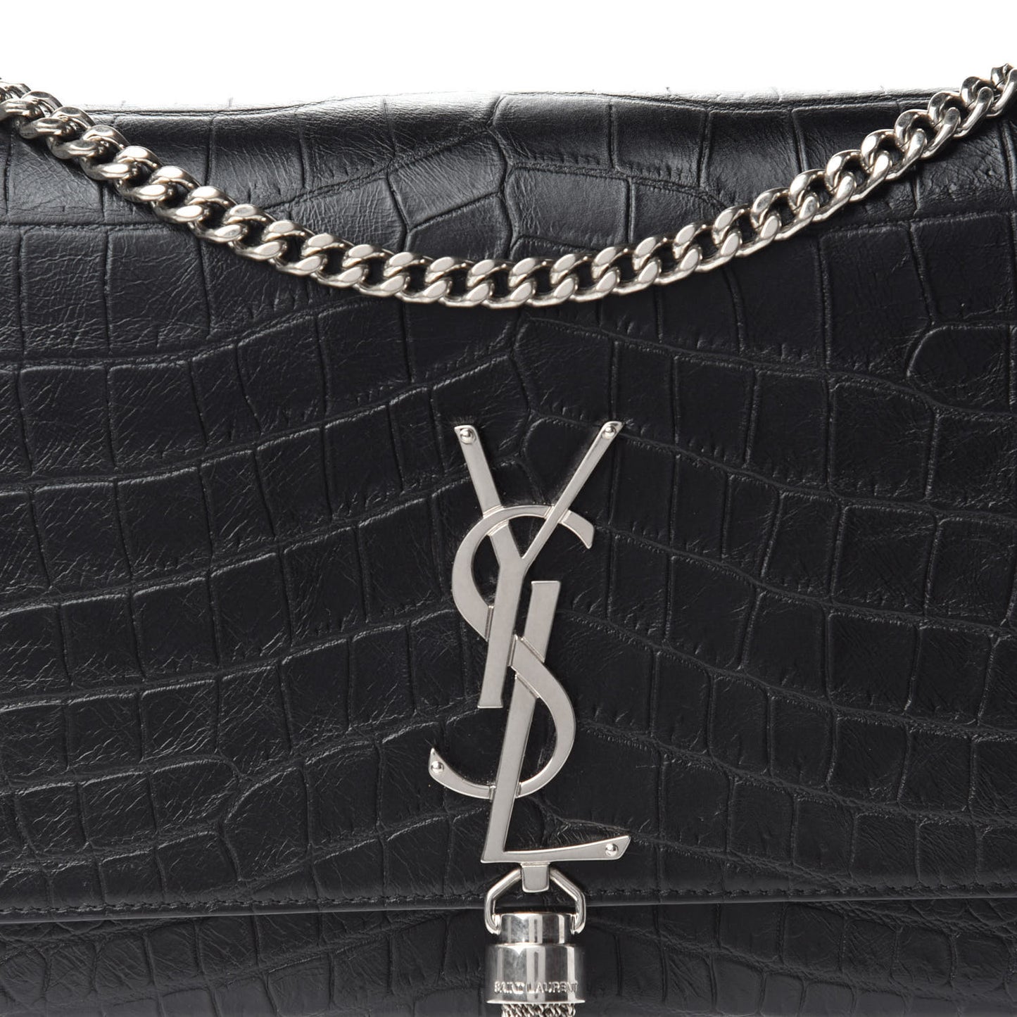 Calfskin Crocodile Embossed Medium Classic Monogram Kate Tassel Satchel Black