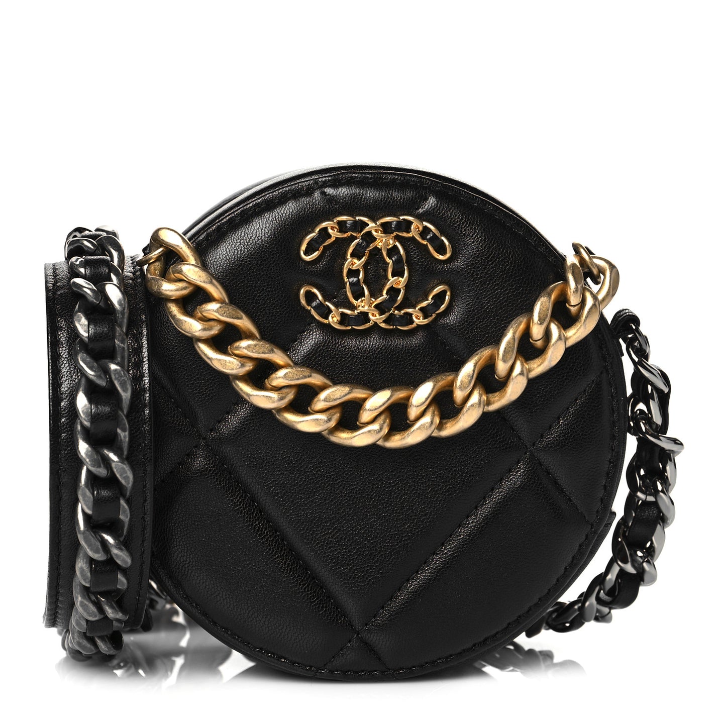 Shiny Goatskin Quilted Chanel 19 Round Clutch With Chain Black