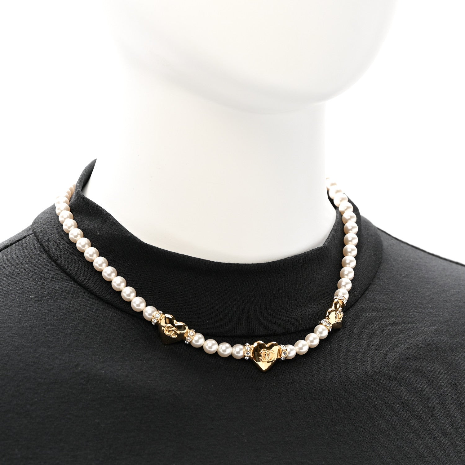 Chanel Crystal Pearl CC Heart Choker Necklace Gold 2 of 6