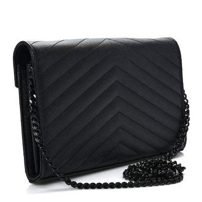 Saint Laurent Grain De Poudre Matelasse Chevron Monogram Monochrome Chain Wallet Black 2 of 9