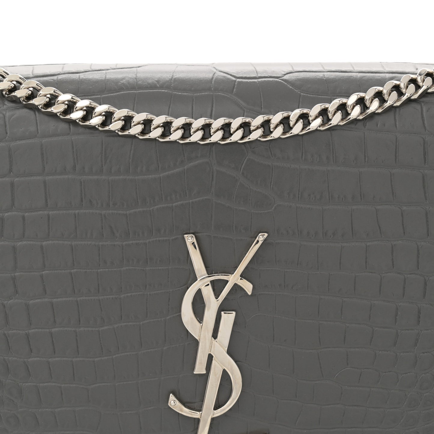 Calfskin Crocodile Embossed Medium Classic Monogram Kate Tassel Satchel Storm