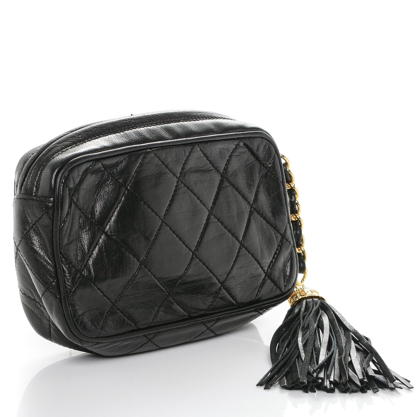 Lambskin Quilted Tassel Camera Case Black