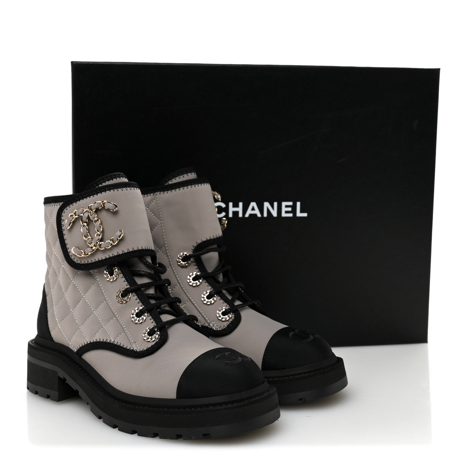 Chanel Fabric Grosgrain Quilted Cap Toe Lace Up Combat Boots 36 Gray 10 of 10