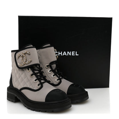 Chanel Fabric Grosgrain Quilted Cap Toe Lace Up Combat Boots 36 Gray 10 of 10