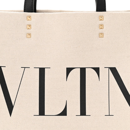 Valentino Garavani Canvas Calfskin VLTN Print Small Rockstud Tote Naturale Black 7 of 9