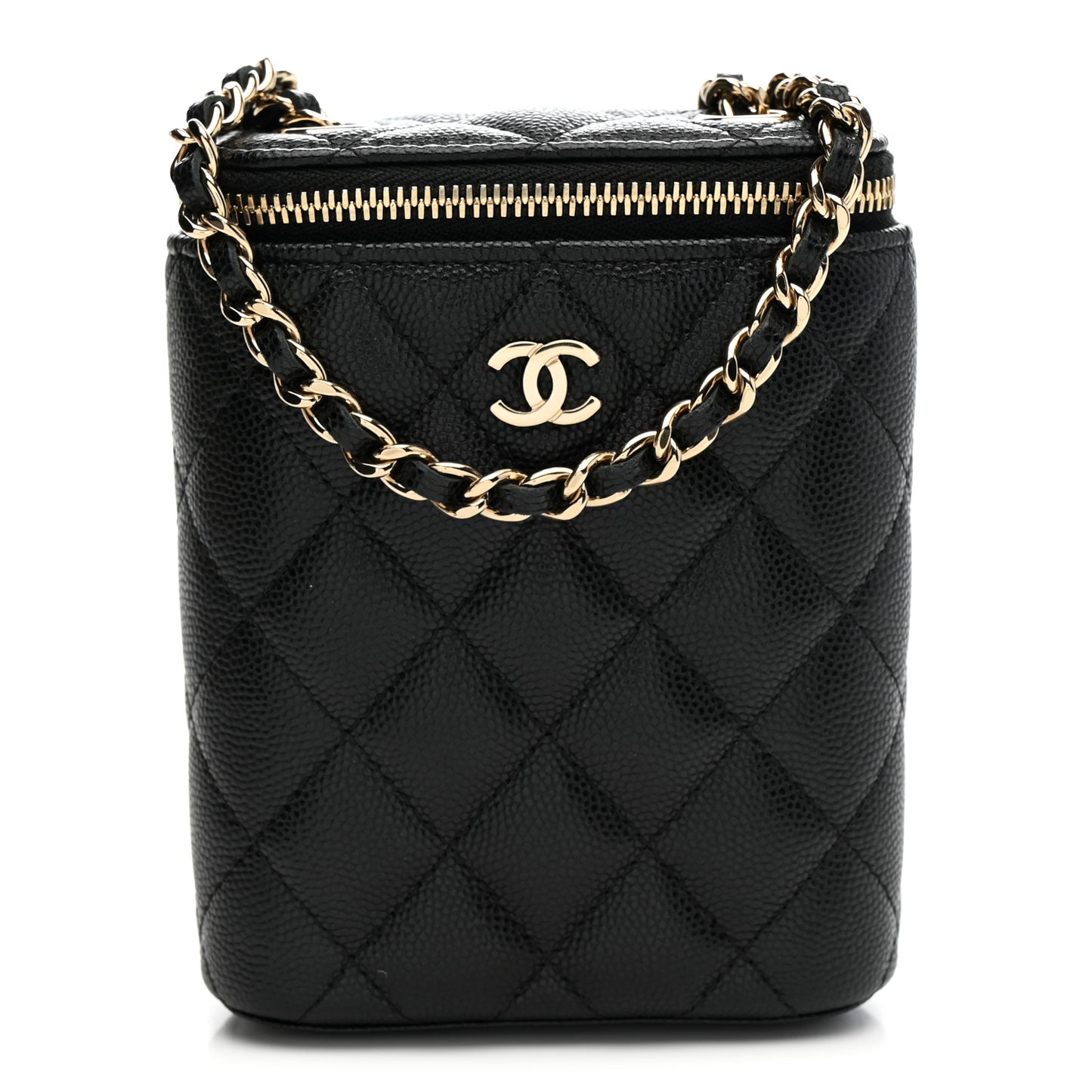 Caviar Quilted Small Vertical Coco Beauty Vanity Case With Chain Black