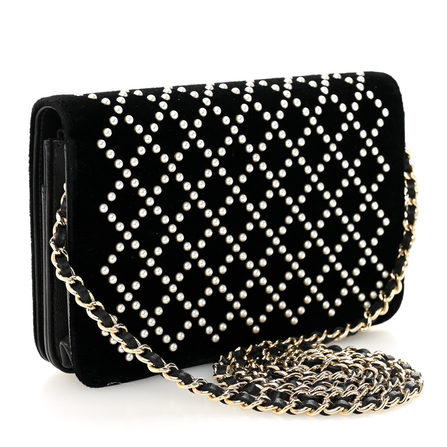 Chanel Velvet Pearl Diamond Embellished Wallet On Chain WOC Black 3 of 11